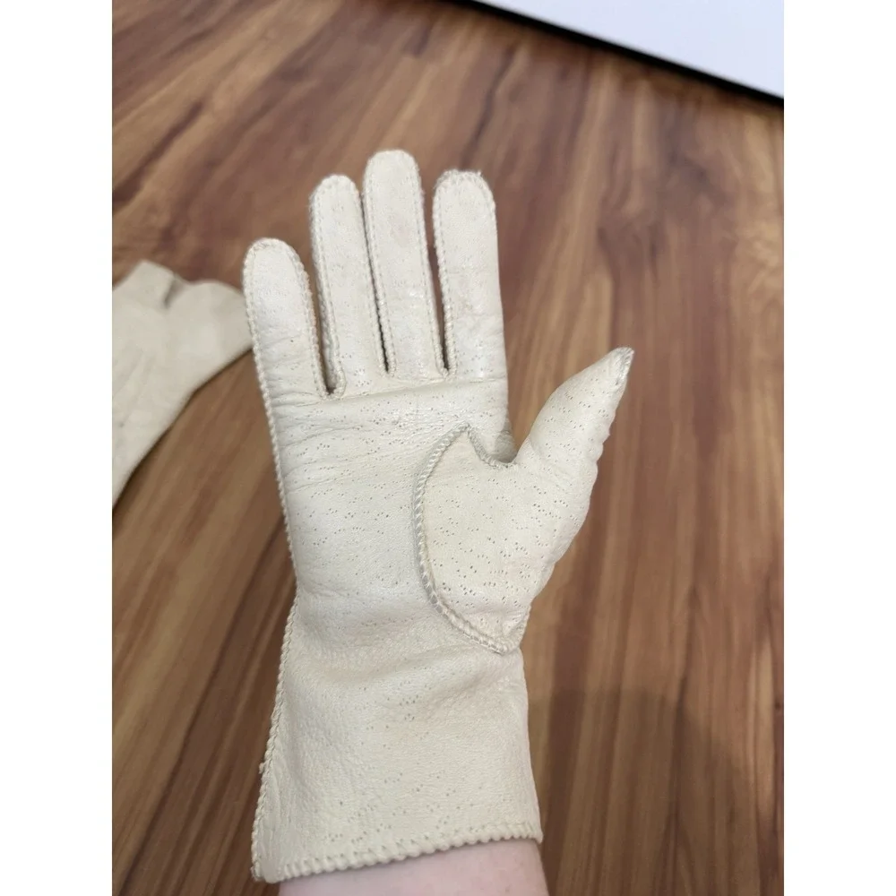 VTG Deerskin Soft Leather Gloves Winter White Cream Sz 7 Washable Top‎ Stitching